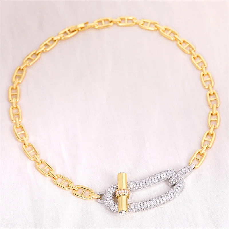 18k Gold Plated Copper Zircon OT Buckle Necklace Bracelets Ring Earring For Women Party Banquet Jewelry Set Accessory