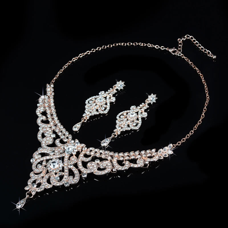 Rose Gold Color Bridal Jewelry Sets CZ Austrian Crystal Necklace Earring Sets Luxury Jewelry Bijoux Femme D020
