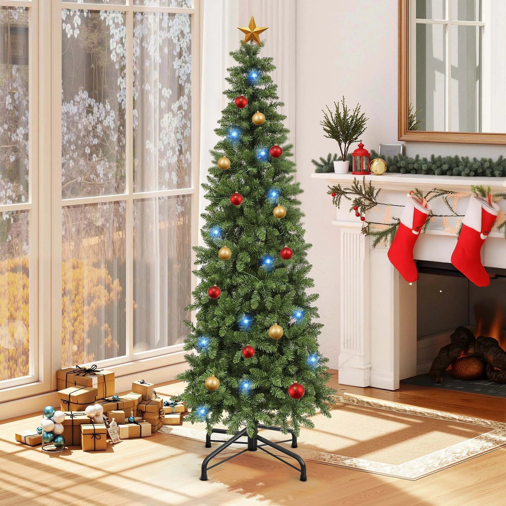 Balconera 6ft Pre-Lit Pencil Christmas Tree - Slim Fraser Fir with 700 Tips & 200 Lights for Home/Office/Party, Green
