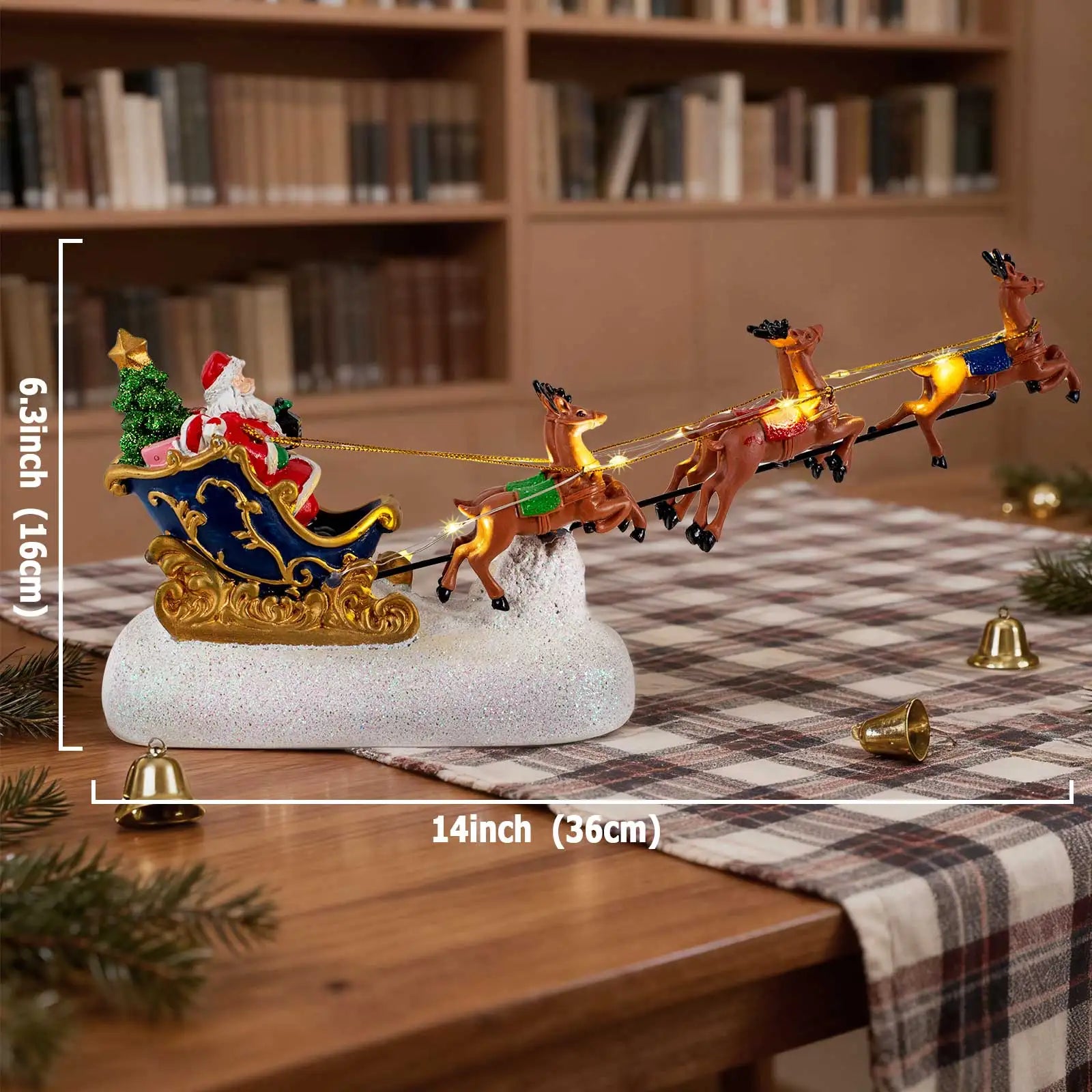 Christmas Santa Claus Sleigh with Reindeer Figurine, LED Light Holiday Village House Ornament Xmas Home Tabletop Decoration Gift