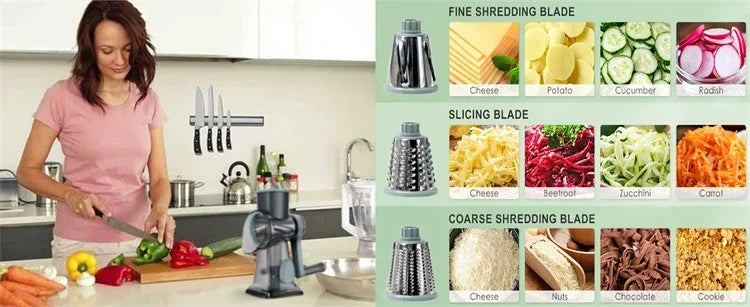 2025 3-in-1 Rotary Cheese Grater Multifunctional Manual Veg Slicer Nut Grinder Kitchen Essential Tool