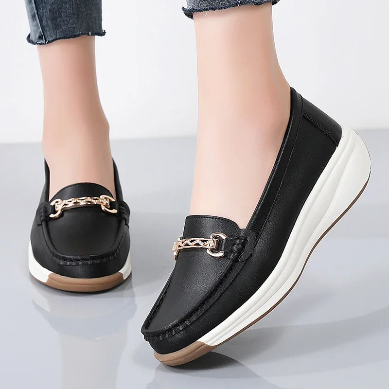 Women’s Leather Platform Loafers – Slip-On Casual Flats