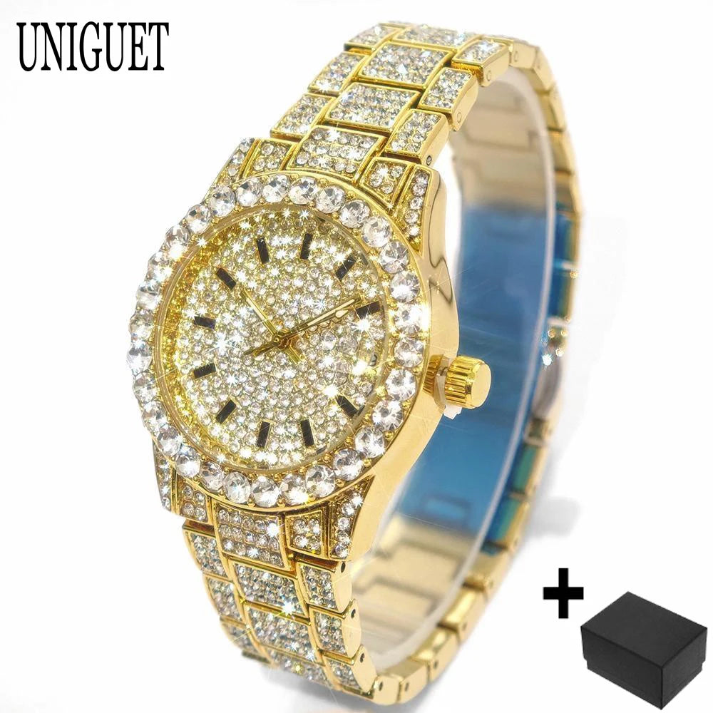 2025 Hot Fashion Gold Watches Women Luxury Stainless Steel Elegant Iced Diamond Jewelry Quartz Wristwatch Ladies Dropshipping