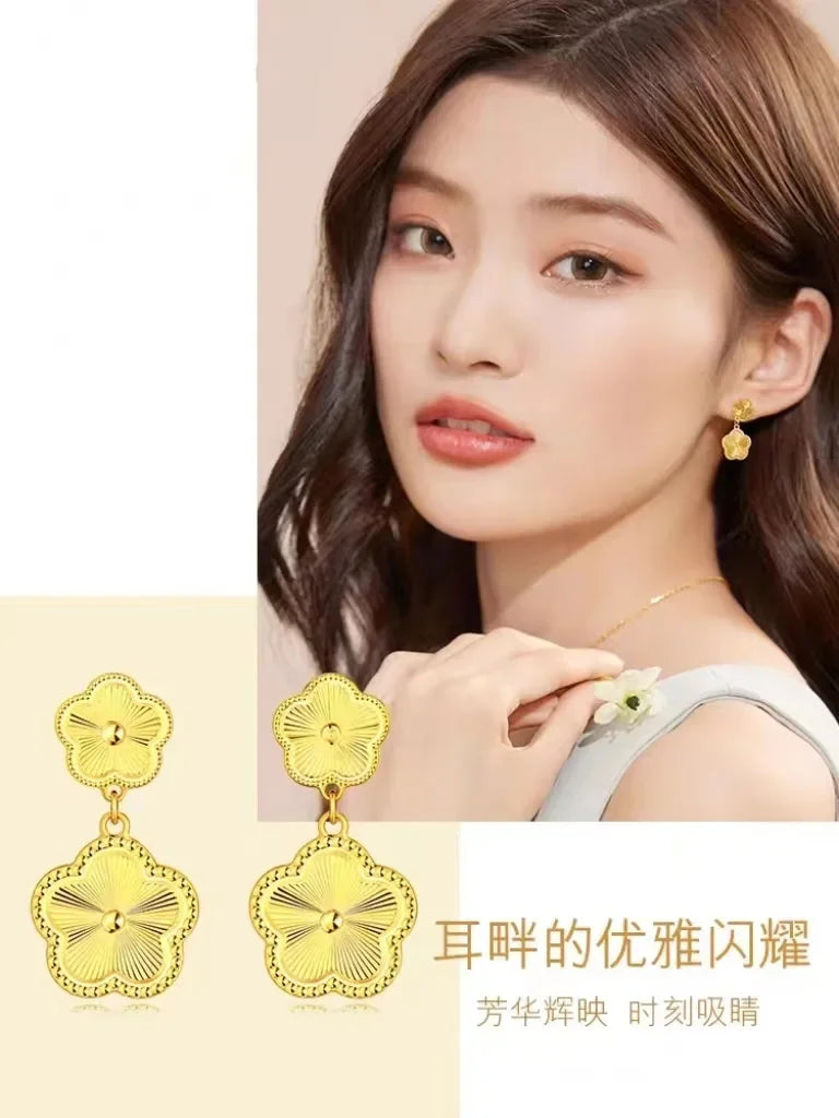 Delicacy 9999 24K Solid Gold Seasonal Necklace with Matching Bracelet and Stud Earrings Set for Women