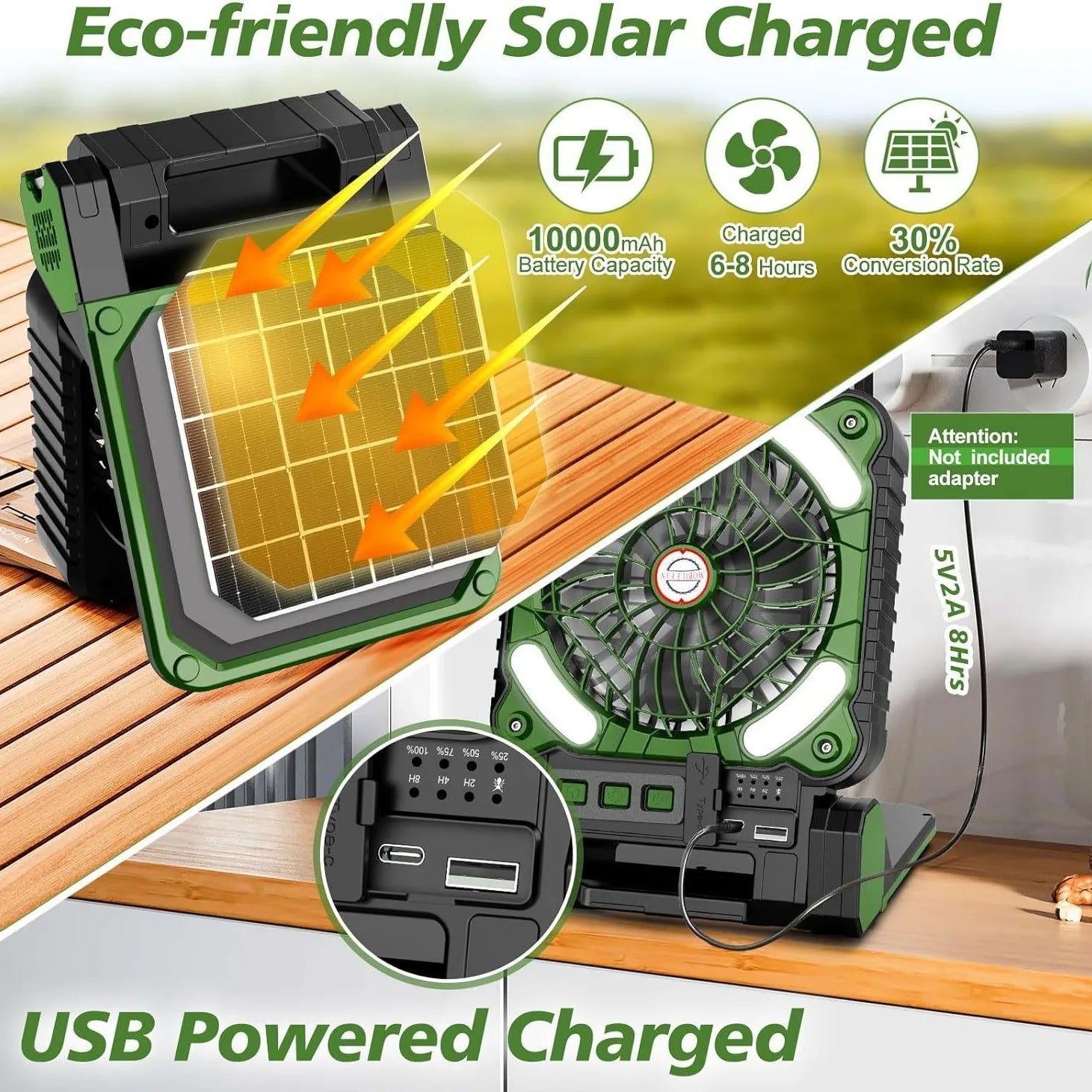 10000mAh Solar - Powered Camping Lantern with 4 - Speed Fan 90° Foldable, Rechargeable & Powerful Wind