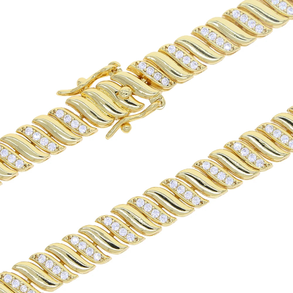 2025 New Gold Color Herringbone Snake Chain Bracelet Necklace 10mm CZ Stones Choker Hop Hip Rapper Fashion Women Jewelry Set