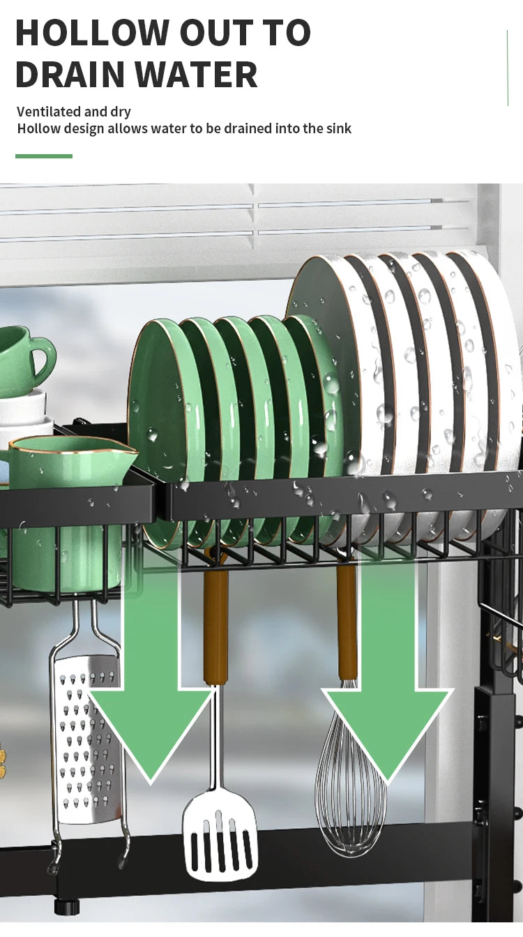 Large over the Sink Dish drying rack Kitchen tablewares storage shelf Adejustable Height and Length Rust Proof Black