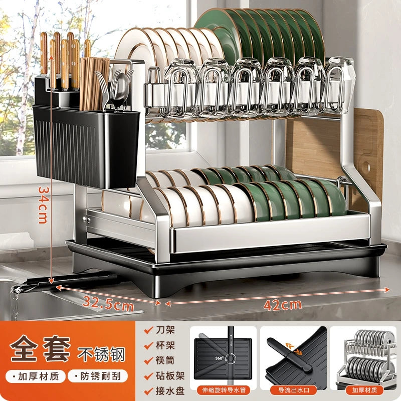 Kitchen Organizer 2 Tier Dish Drying Rack Utensils Storage Rack Bowls Knife Fork Pot Holder Countertop Dinnerware Drainboard