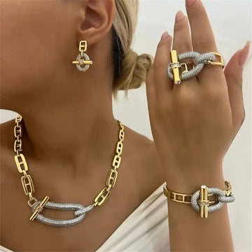 18k Gold Plated Copper Zircon OT Buckle Necklace Bracelets Ring Earring For Women Party Banquet Jewelry Set Accessory