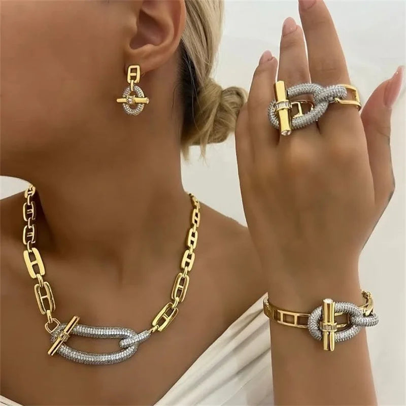 18k Gold Plated Copper Zircon OT Buckle Necklace Bracelets Ring Earring For Women Party Banquet Jewelry Set Accessory