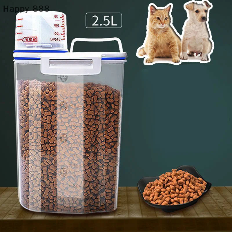 1.5kg/2kg Plastic Pet Food Storage Container With Measuring Cup, Moisture-Proof & Sealed Jar For Dogs And Cats