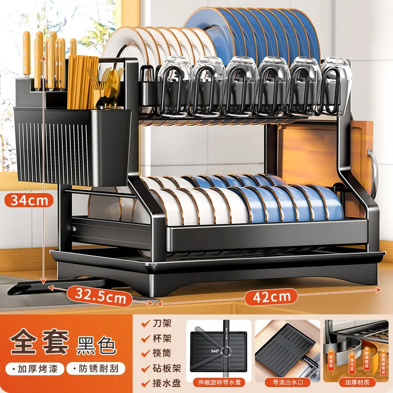 Kitchen Organizer 2 Tier Dish Drying Rack Utensils Storage Rack Bowls Knife Fork Pot Holder Countertop Dinnerware Drainboard