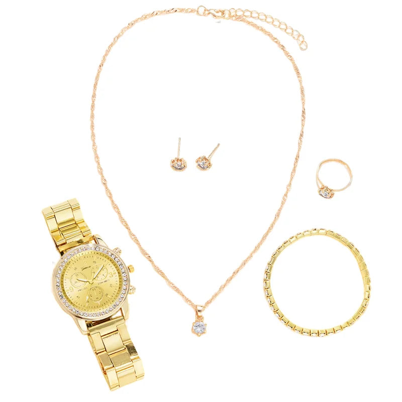 6 Piece Women's 3 - Eye Quartz Diamond Watch Set Bracelet Ring Earrings Necklace Gift Fashion Accessory