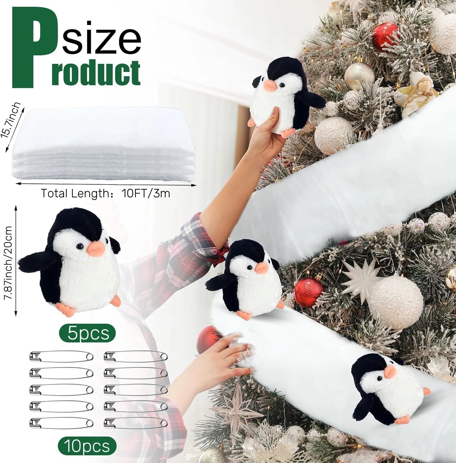 1set Christmas Stair Decoration Fake Snow Cotton Carpet with Sliding Penguins DIY Staircase Decors for Indoor Xmas Tree Banister