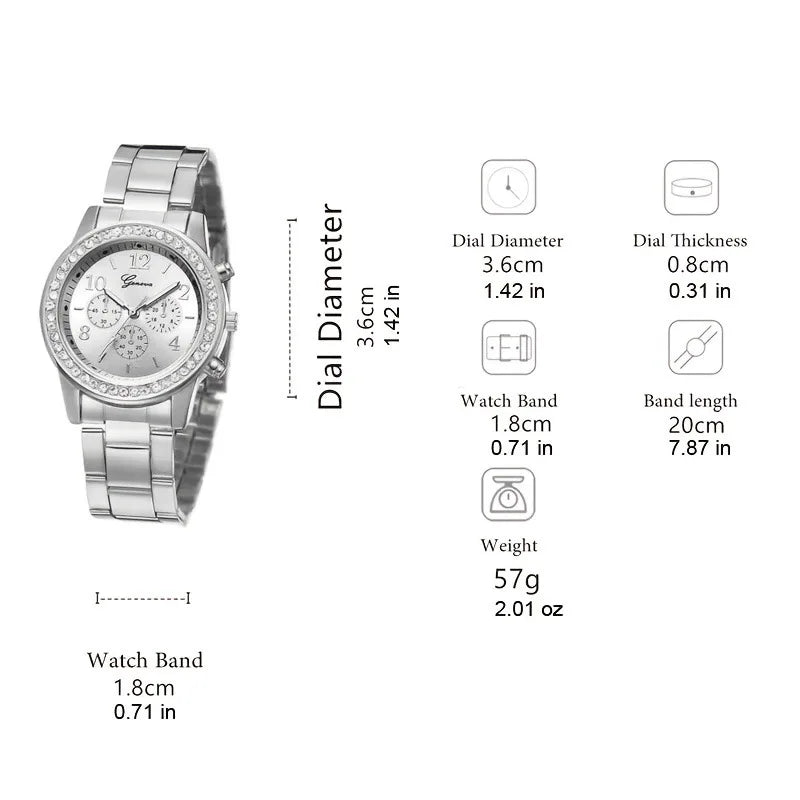 6 Piece Women's 3 - Eye Quartz Diamond Watch Set Bracelet Ring Earrings Necklace Gift Fashion Accessory