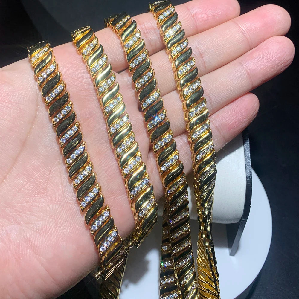 2025 New Gold Color Herringbone Snake Chain Bracelet Necklace 10mm CZ Stones Choker Hop Hip Rapper Fashion Women Jewelry Set