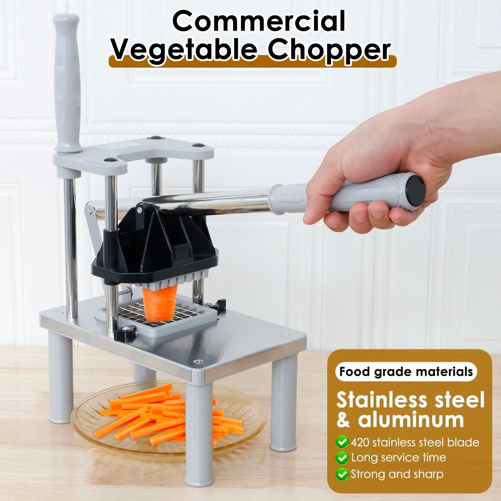 Stainless Steel French Fry Cutter Commercial Vegetable Fruit Chopper Manual Food Dicer with 4 Replacement Blades Kitchen Gadgets