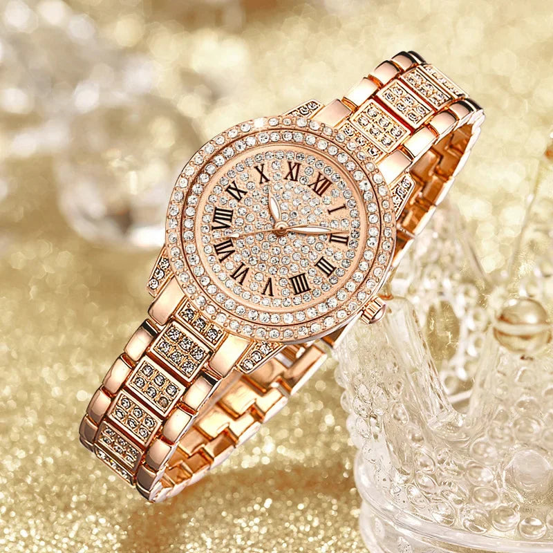 Fashion Luxury Full Crystal 5 Pcs Watch  Necklace Earrings  Ring  Set for Women Rhinestone  Wristwatch Female Bracelet Set Gift