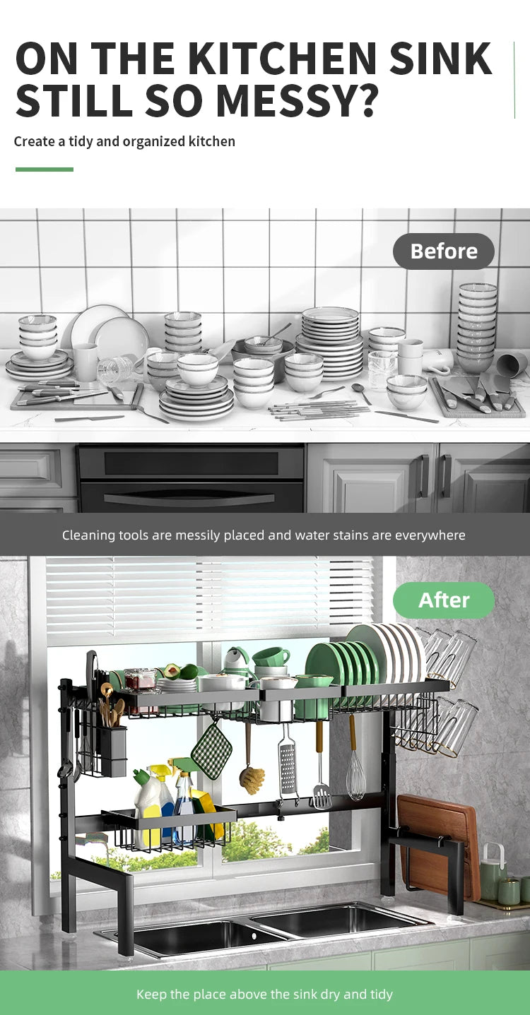 Large over the Sink Dish drying rack Kitchen tablewares storage shelf Adejustable Height and Length Rust Proof Black