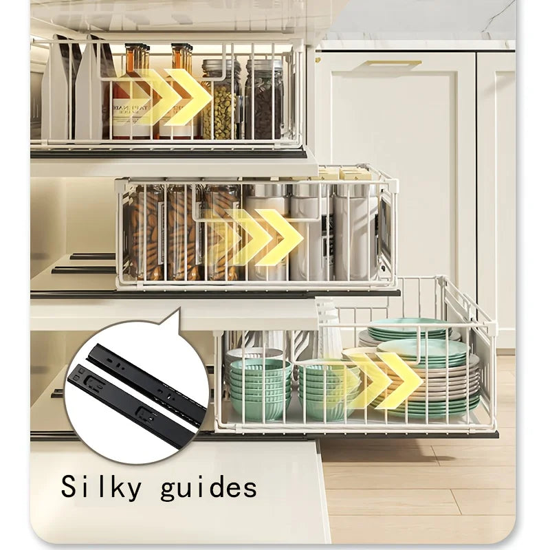 Kitchen Organizer-Adjustable Pull-Out Shelf, Space-Saving Cabinet Storage System with Sturdy Metal Construction, Black