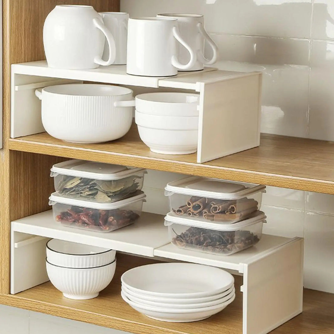 Expandable Kitchen Counter and Cabinet Shelf Space-Saving Stackable Layered Shelf Heavy-Duty Kitchen Storage Accessories for