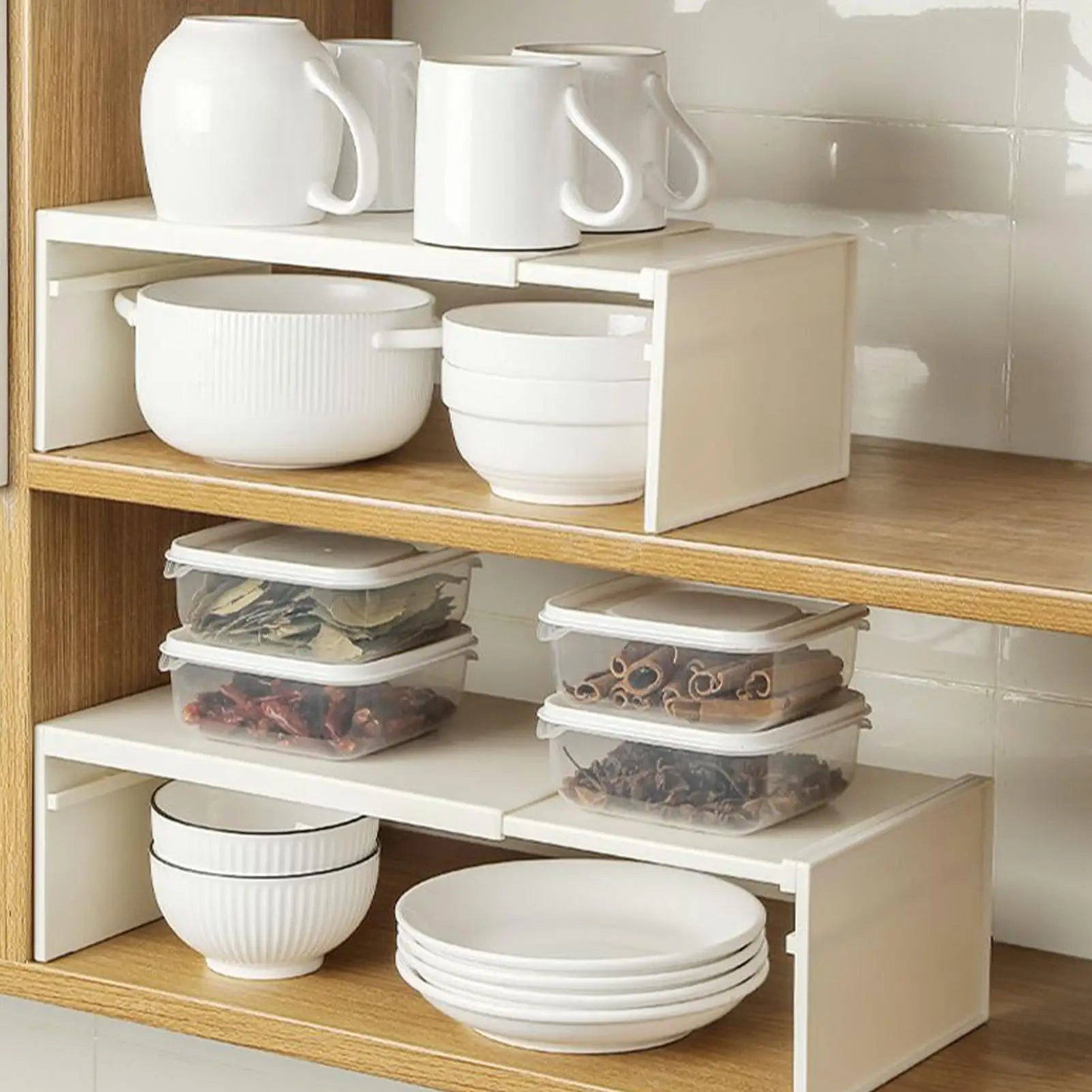 Expandable Kitchen Counter and Cabinet Shelf Space-Saving Stackable Layered Shelf Heavy-Duty Kitchen Storage Accessories for