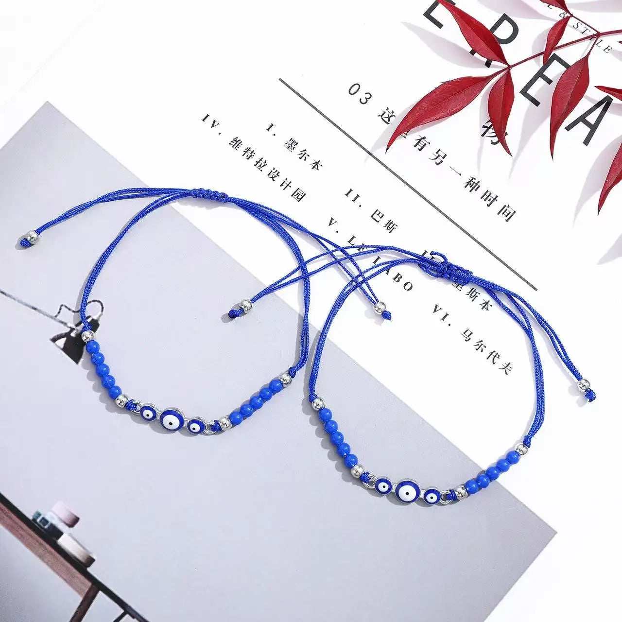 12-piece blue crystal beaded woven Devil's Eye bracelet, glass eye beads, fashionable adjustable bracelet for both men and women