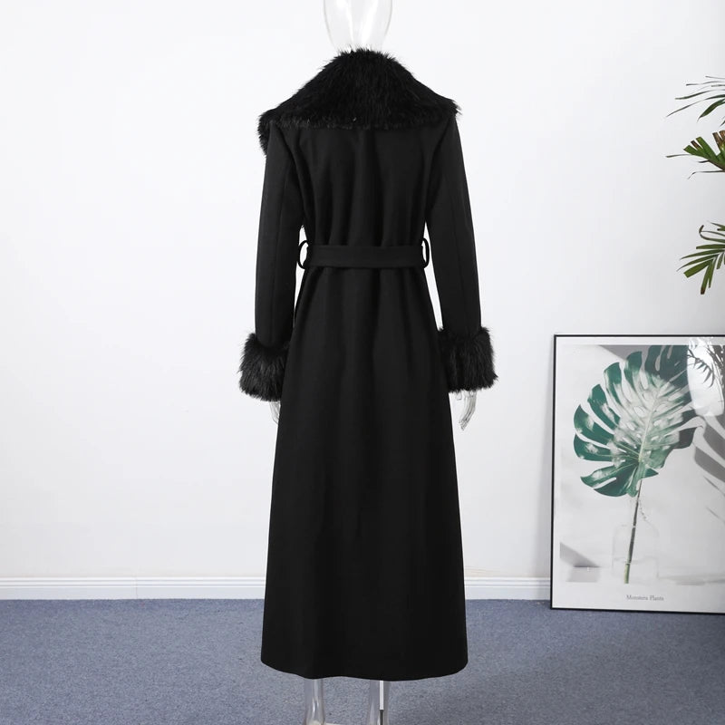 Luxurious Women's Overcoat Faux Full Sleeve Double Breasted Belt Lace Up Female Black Coats 2025 Autumn Winter Chic Lady Outwear
