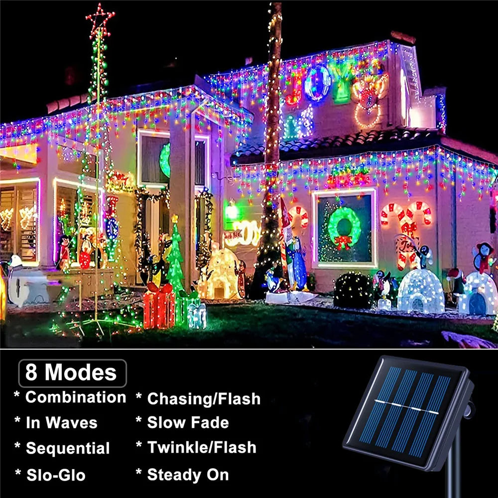Solar Icicle Lights Wedding Decoration Fairy Lights String 8 Modes Outdoor Eaves Decoration For Christmas Party Garden Lighting