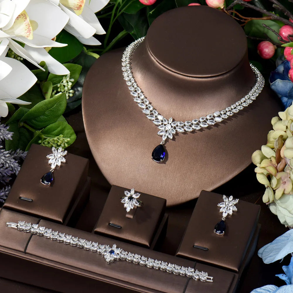HIBRIDE Elegant Women Wedding Jewellery African CZ Crystal Water Drop Bridal Necklace Bracelet And Earrings Jewelry Sets N-789