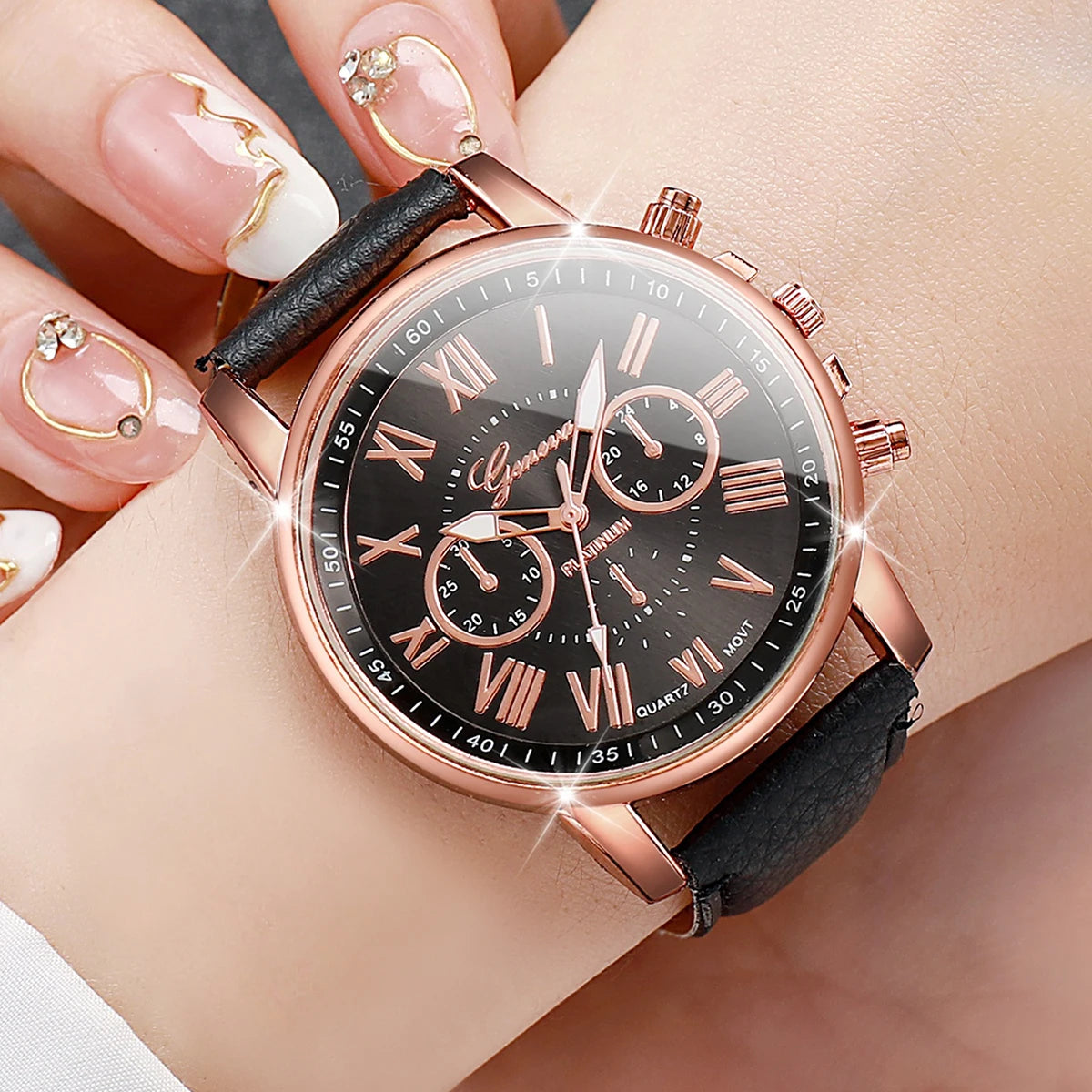 9PCS/Set Women Watches Fashion Roma Dial Ladies Quartz Watch Casual Leather Band Wristwatches Relogio Feminino（Without Box）
