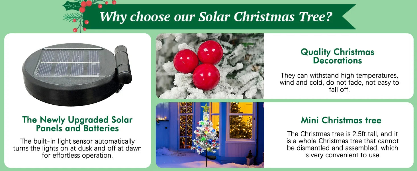 OurWarm 2 pcs Solar Christmas Tree Outdoor Christmas Decor, 29In Flocked Christmas Tree , Mini Small Christmas Tree with 40LED