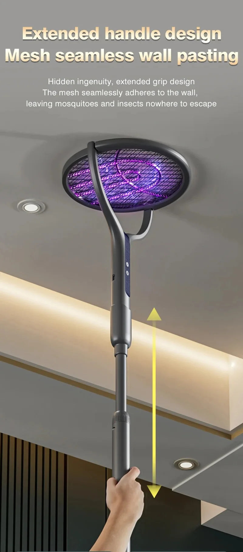 Intelligent Rechargeable Mosquito Swatter 2800V Electric Racket Extension Handle 5-Layer Protection