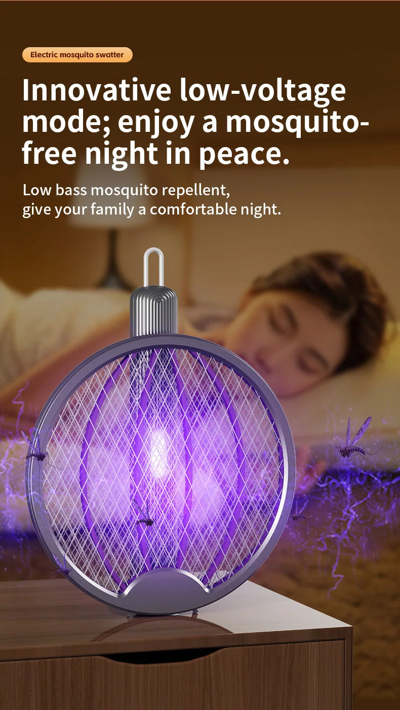 3 in 1 Foldable USB Rechargeable 3000V Mosquito Fly Swatter UV Trap LED Dual Switch Safe Grid 0° Wall Stick Bug Zapper