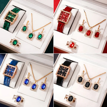 Women Fashion Watches Heart Rhinestone Ring Necklace Earring Jewelry Set Luxury Dress Quartz WristWatch Simple Elegant Watch Gif