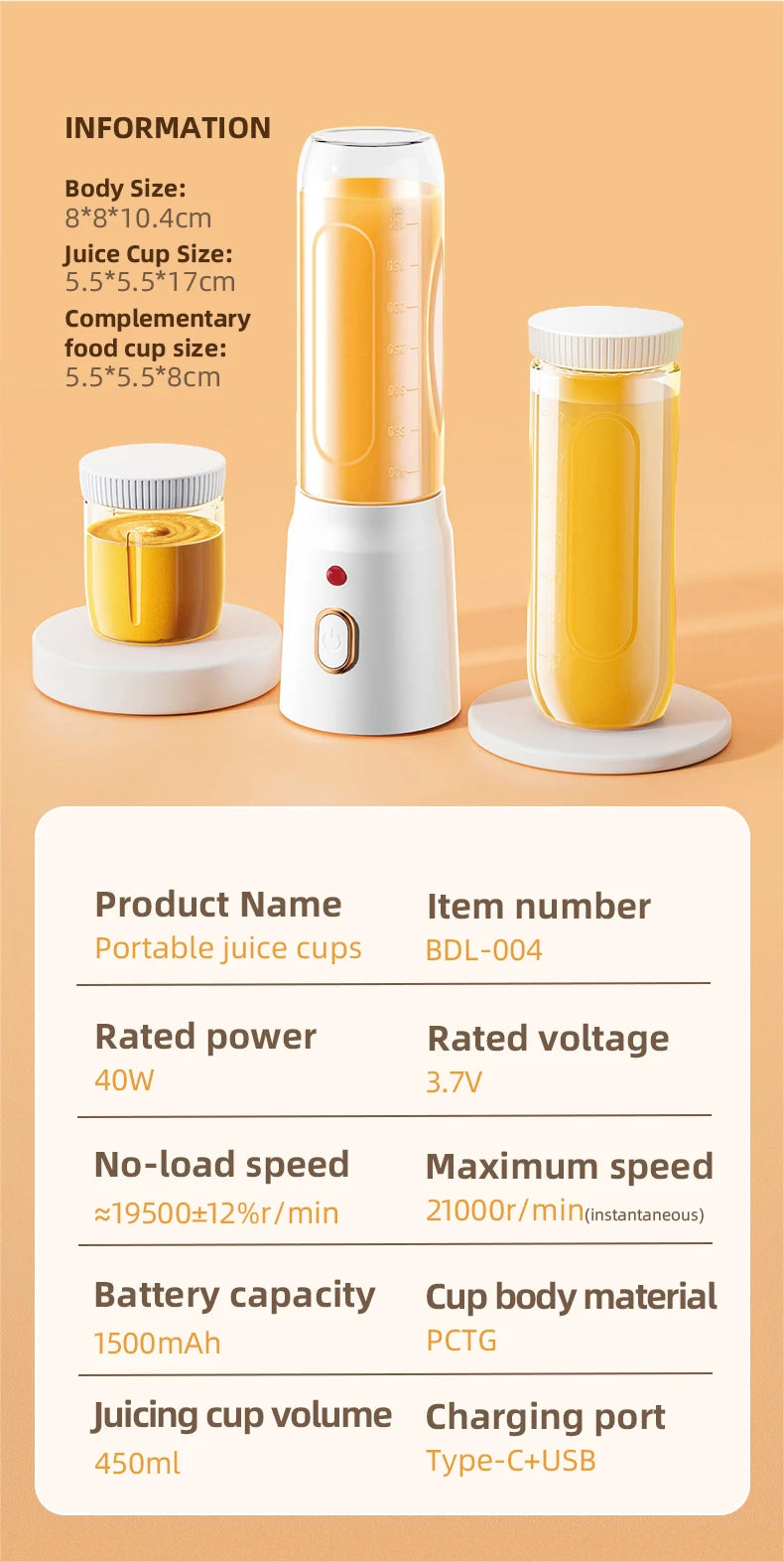 Portable Electric Blender 40W USB Rechargeable Cordless Juicer High Powerful Juicer Cup For Smoothie Milkshake Juice Food