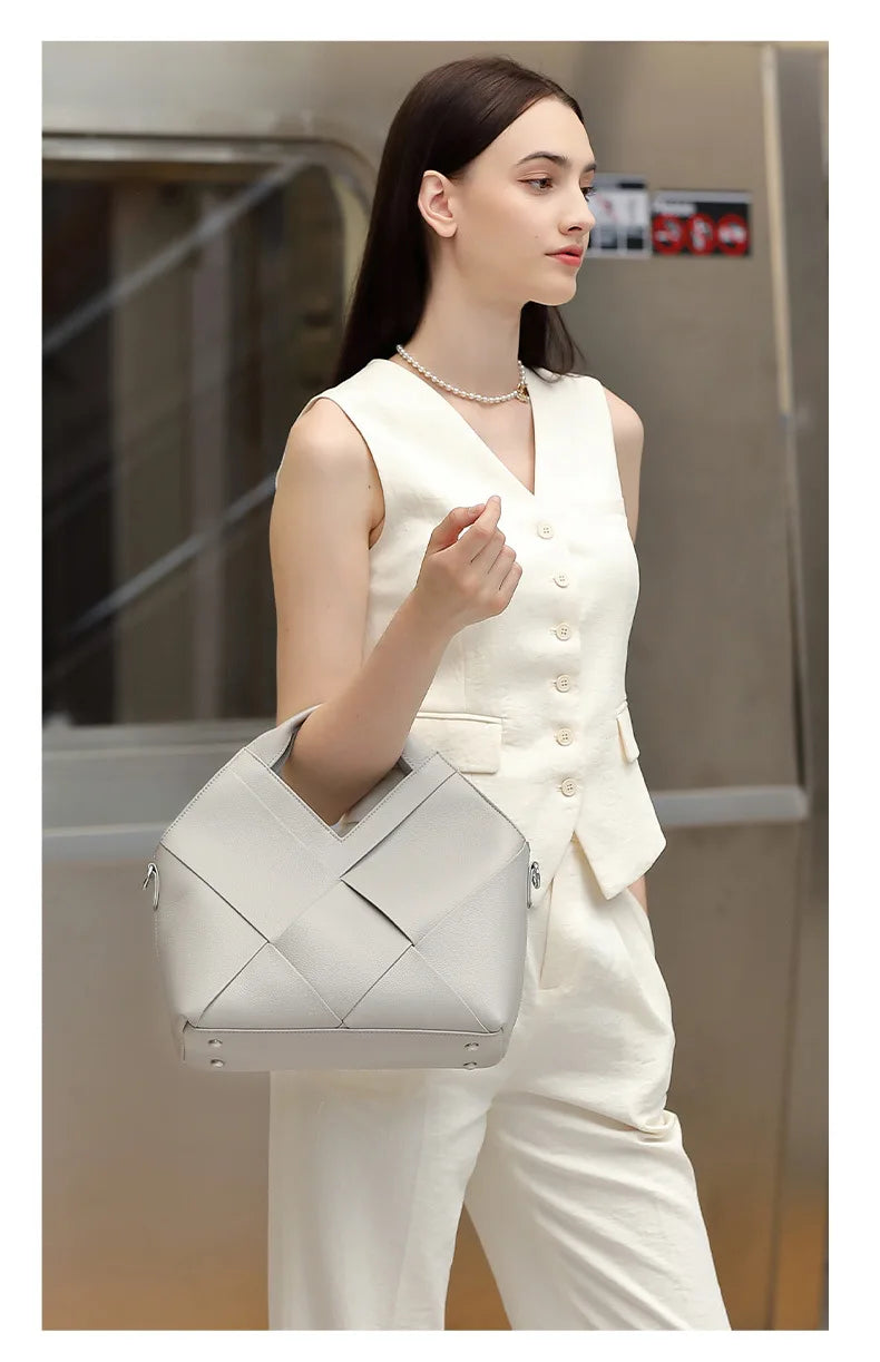 Genuine Leather Woven Tote Crossbody Bag