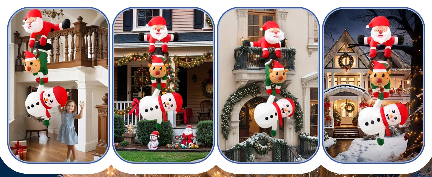8FT Christmas Inflatables Decor, Climbing Santa Claus with Reindeer & Snowman/Elves, Xmas Decor for Beam Roof Tree Indoor Party