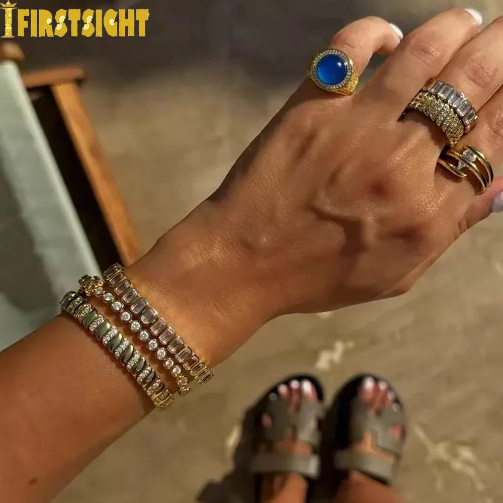 2025 New Gold Color Herringbone Snake Chain Bracelet Necklace 10mm CZ Stones Choker Hop Hip Rapper Fashion Women Jewelry Set