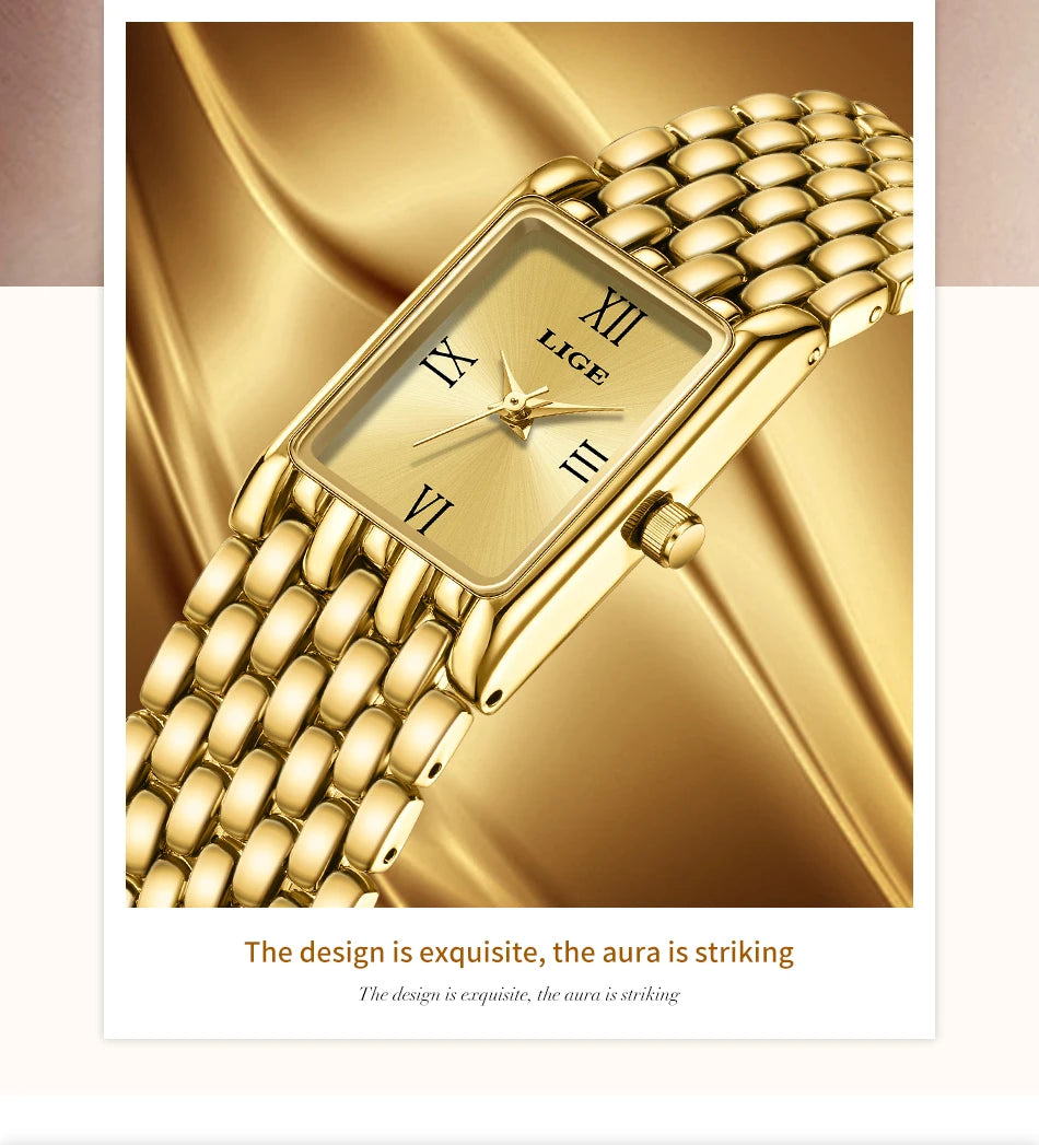 LIGE 2025 Fashion New Gold Women's Watch Luxury Quartz Watch Stainless Steel Bracelet Retro 30M Waterproof Watches Women reloj