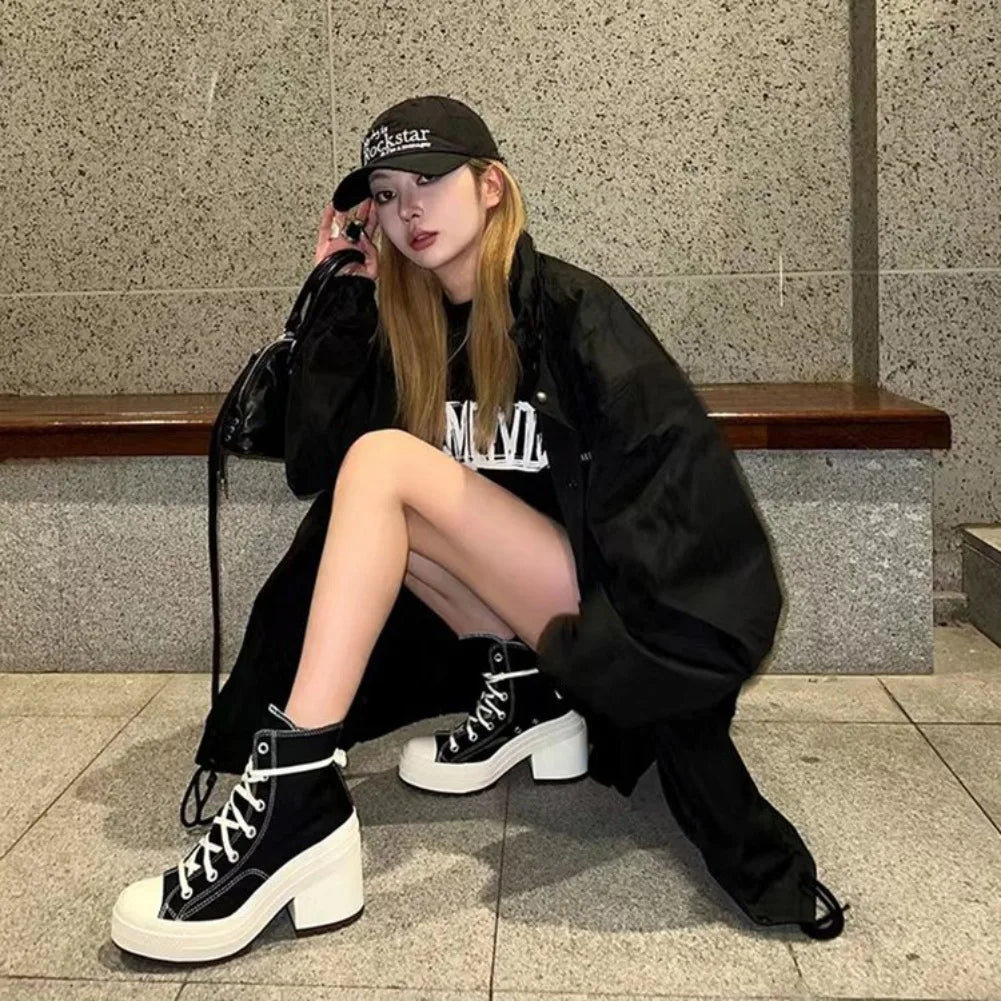 Women’s Canvas Platform Sneakers – Lace-Up High Heel