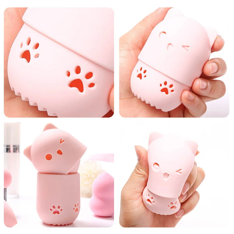 Pink Cute Cat Soft Silicone Cosmetic Sponge Box Holder with Beauty Eggs Portable Powder Puffs Holder Sponge Make Up Drying Cases