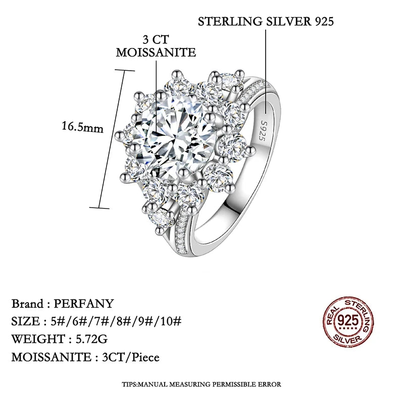 PERFANY 3CT Sunflower Moissanite Ring for Women S925 Pure Silver Plated 18K White Gold Diamond Luxury Wedding Jewelry