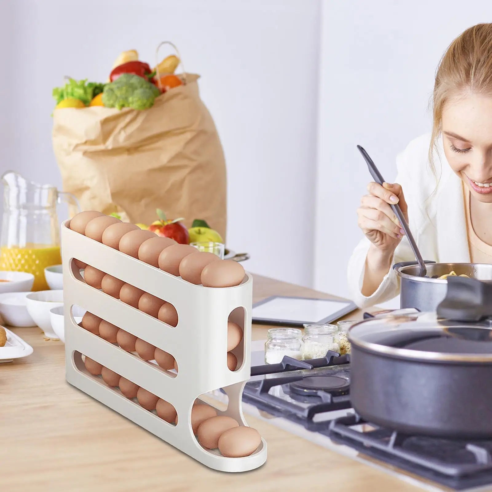 4 Layers Automatic Egg Roller New Household Kitchen Dedicated Egg Roller Rack Space Saving Large Capacity Egg Organiser