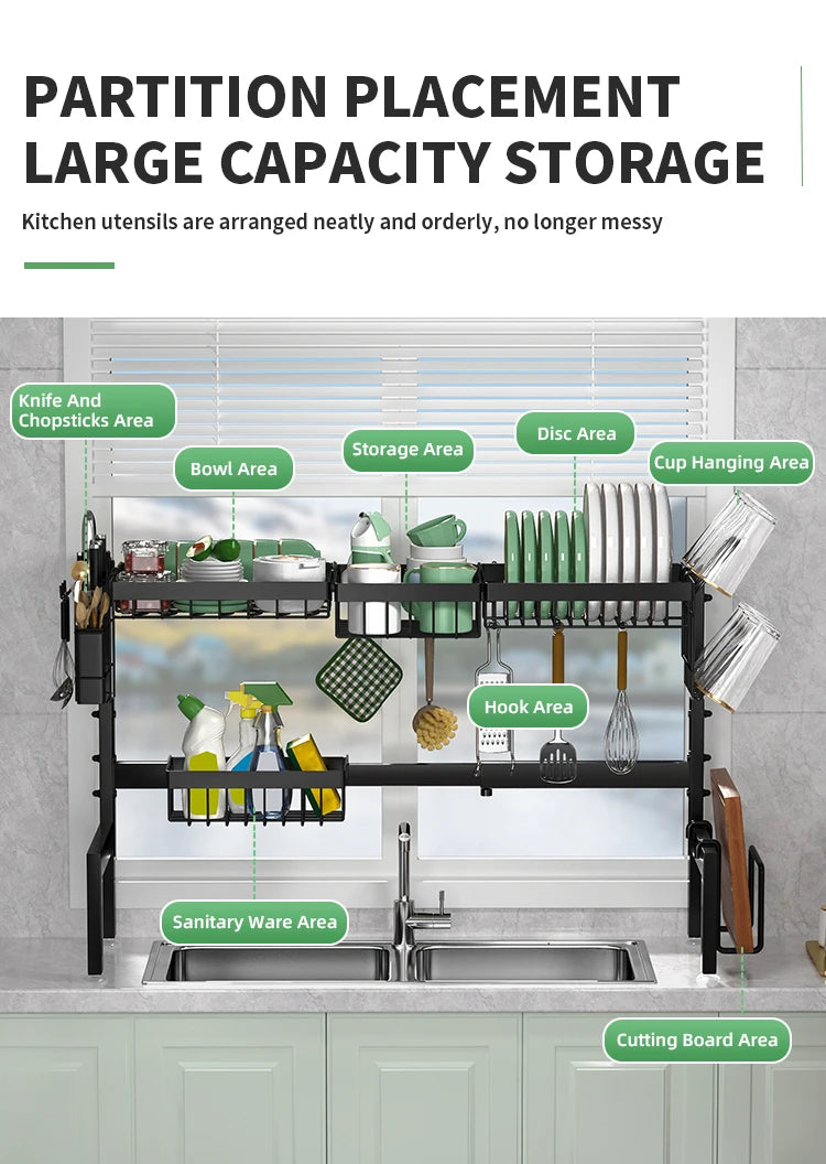 Large over the Sink Dish drying rack Kitchen tablewares storage shelf Adejustable Height and Length Rust Proof Black