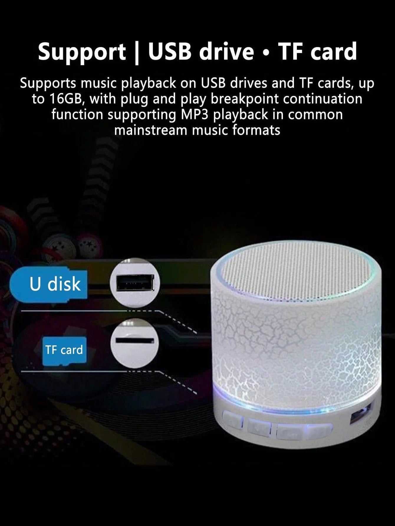 Wireless Mini Speaker, Subwoofer, Dazzle Crackle 7 Colour Light Wireless Mini Speaker, Portable Small Speaker