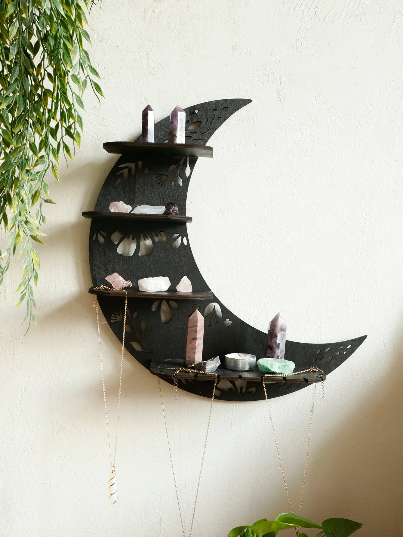 30/39cm Black Moon Wall Shelves 4-tier Wood Floating Wall Shelf Gothic Home Decor Crystal Shelf Display Ledge Essential Oil Rack