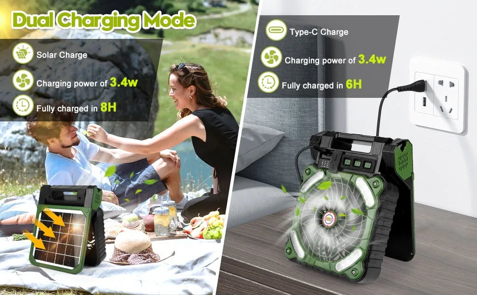 10000mAh Solar - Powered Camping Lantern with 4 - Speed Fan 90° Foldable, Rechargeable & Powerful Wind