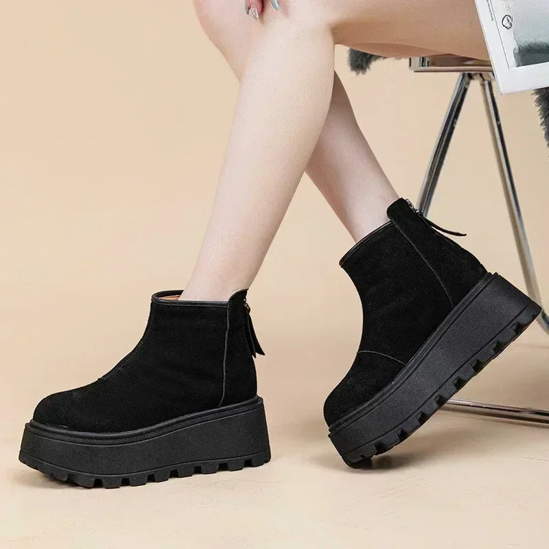 Fujin 7cm Suede Leather Snow Shoes Ankle Booties Platform Winter Boots Women Comfortable Non Slip Chelsea Boots Chunky Heel
