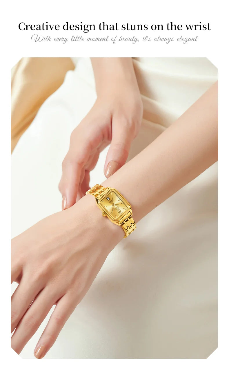 OLEVS Quartz Women's Watches Stainless Steel Square Small Gold Watch for Women Waterproof Auto Date Elegant Ladies Wristwatches